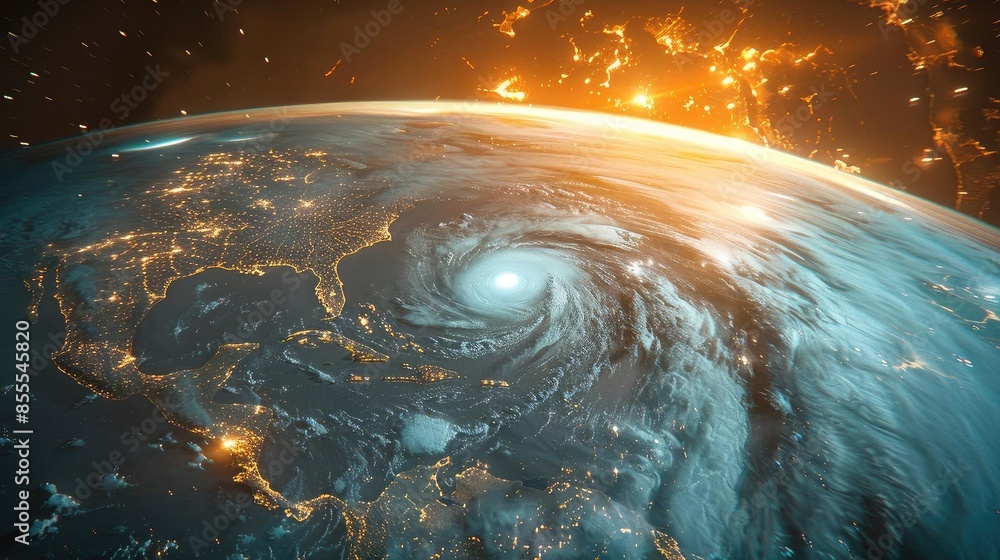 Poster a breathtaking view of a powerful hurricane forming over the ocean, captured from space with a glowi
