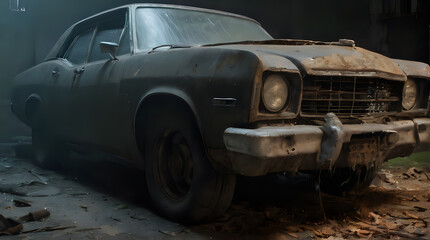 rusty old car in a garage with a lot of leaves on the ground