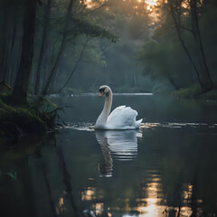 a white swan swimming in a lake with trees in the background