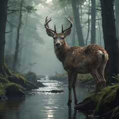 a deer standing in the middle of a stream in the woods