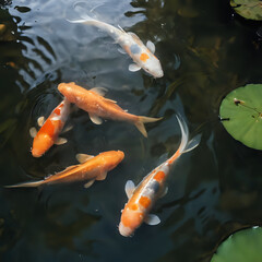 a four fish swimming in a pond with lily pads