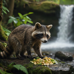 a raccoon standing on a rock near a waterfall