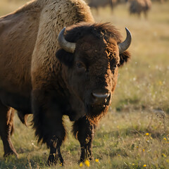a large bison standing in a field with other animals