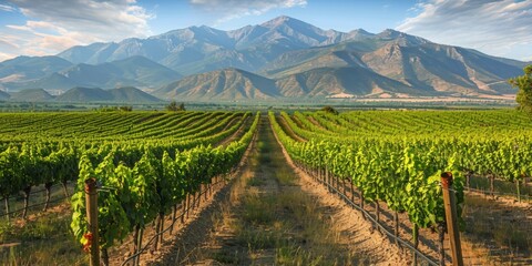 A picturesque vineyard with rows of grapevines leading up to a distant mountain range
