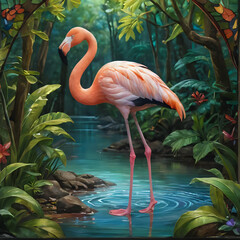 painting of a flamingo standing in a pond surrounded by plants