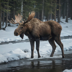 a moose standing in the snow by a stream