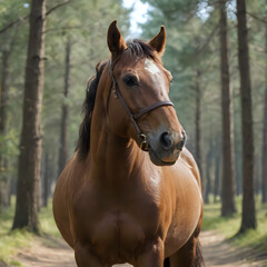 a brown horse standing in the middle of a forest
