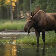 a moose standing in the water with its head turned