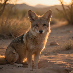 a sitting in the desert with a sunset in the background