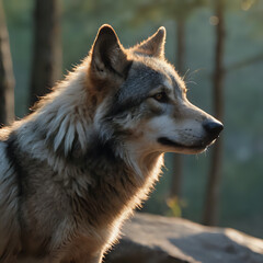 a wolf that is standing in the woods looking at something