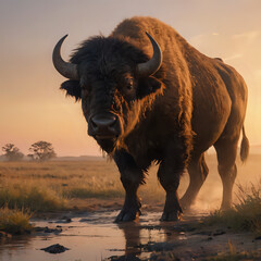 bison standing in a field with a sunset in the background