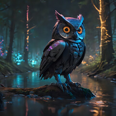 a blue owl sitting on a tree stump in the woods