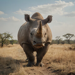 a rhino walking in the grass on a sunny day