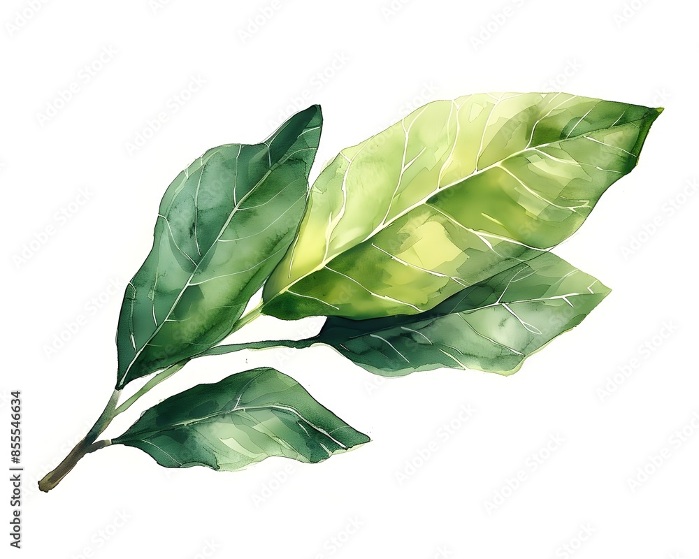 Sticker Watercolor Simple Green Bay Leaves Isolated on White Background