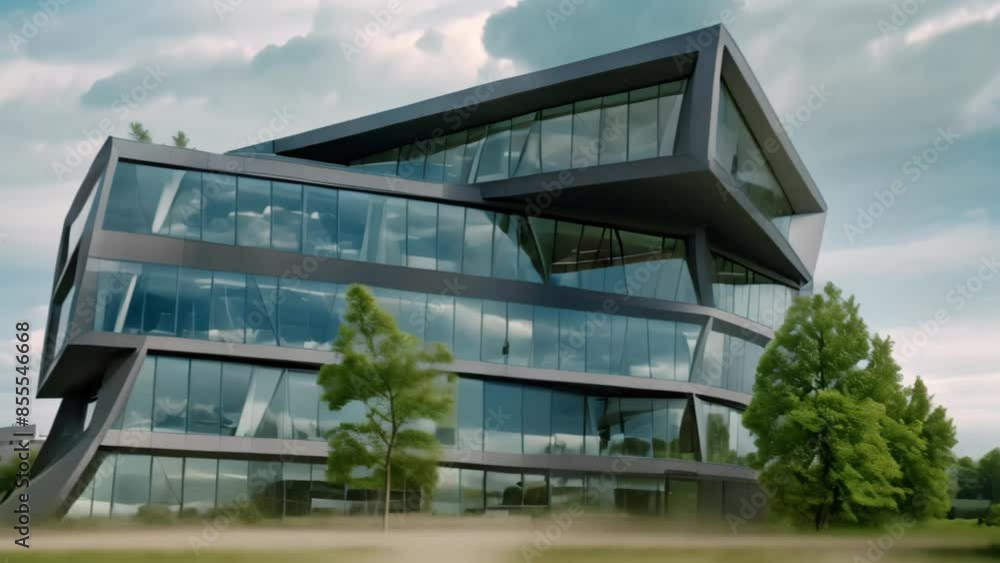 Poster a unique office building with an asymmetrical shape covered in numerous windows, an office building 