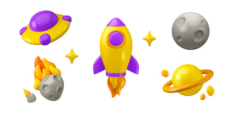 Space icon set vector 3d. Cartoon design elements rocket, ufo, asteroid and planets isolated on white background. Children toy astronomy education collection