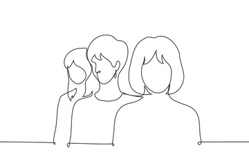 close-up of three women standing in a row behind each other - one line art vector. concept female queue, female target audience