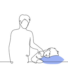 man wakes up a sleeping man by shaking his shoulder - one line art vector. concept father or friend wakes up an adult man