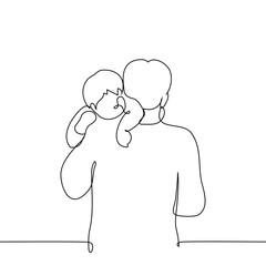 man carries a baby with his head resting on an adult's shoulder, view from the back - one line art vector. father's day concept, father carries baby