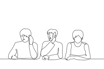 men sitting side by side at the table turn away and cover their eyes from the sight of the person sitting next to them - one line art vector. concept outcast, stink, outsider, boycott, ignore,