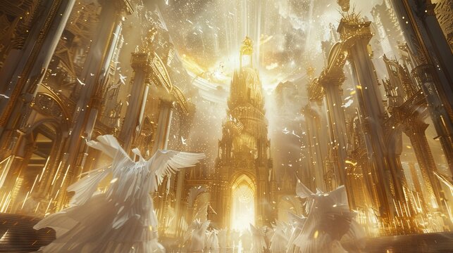 illustration of a celestial palace floating among stars , other worldly atmosphere