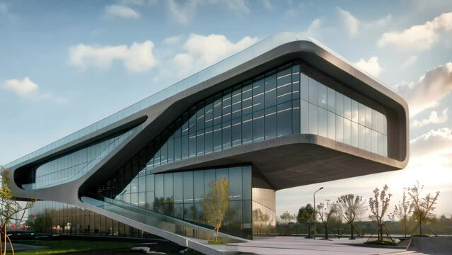 A modern office building featuring a unique curved staircase leading up to its entrance, An office building with a unique asymmetrical shape that challenges traditional architectural norms