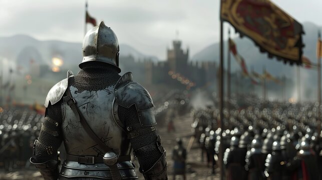 A medieval knight hero leading his big army , He is about to give a speech to his army to motivate them for their upcoming do or die battle