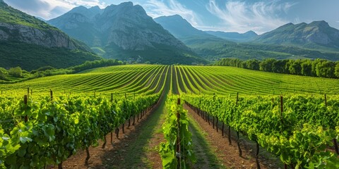 Naklejka premium A picturesque vineyard with rows of grapevines leading up to a distant mountain range