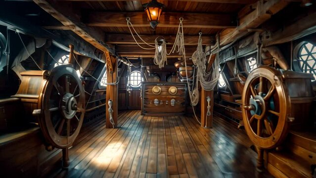 Interior of a room filled with wooden floors and windows, An old-fashioned pirate ship interior featuring wooden planks and brass fittings
