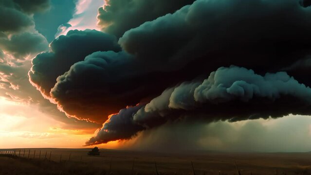 A massive cloud looms over an expansive field, creating a dramatic scene in the sky, An ominous storm cloud gathering on the horizon
