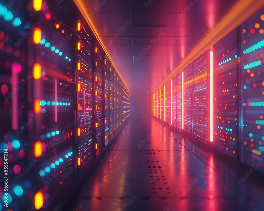 Poster futuristic data center with rows of servers and blinking lights industry concept