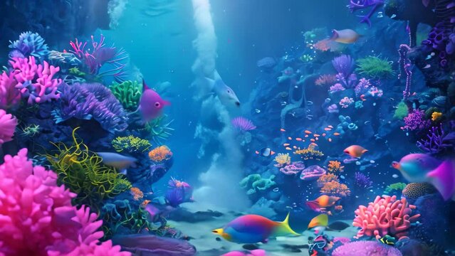 Underwater world showcasing vibrant coral reefs teeming with diverse marine life like fish, sea turtles, and sea anemones, An underwater scene with colorful fish and coral reefs
