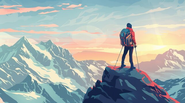 Tourist Enjoying Majestic Mountain Peak View on a Clear Day, Active Lifestyle Concept