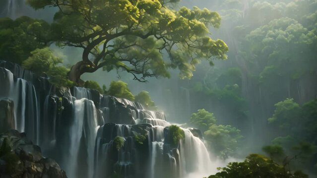 A tree stands in the foreground of a painting, with a waterfall in the background, Artistic depiction of nature&acirc;&euro;&trade;s wonders