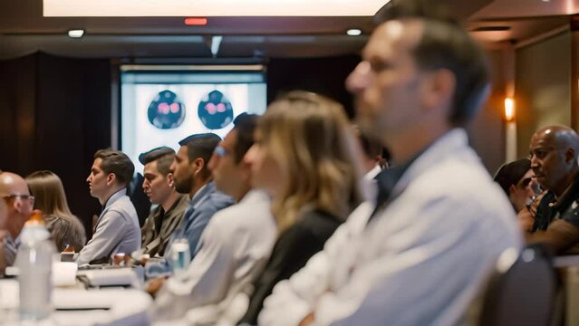 People gathering at tables in a conference room for a medical conference to learn about the latest advancements, Attending a medical conference to learn about the latest advancements in healthcare