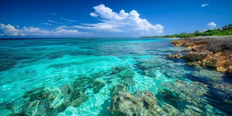 Fototapeta premium A scenic view of a tropical beach with clear turquoise waters and a distant coral reef