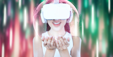Female stand and wear white VR headset and white sleeveless connect metaverse, future technology,...