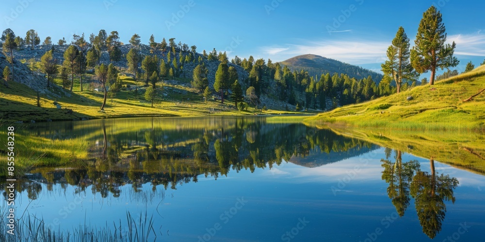 Wall mural A serene mountain lake reflecting the surrounding pine-covered hills and a clear blue sky