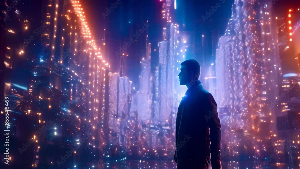 Poster a mans face with numerous numbers emerging, blurring the lines between man and machine, blur the lin