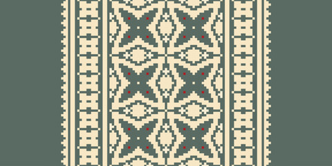 Ethnic pixel geometric seamless pattern with paisley on beige background. Native oriental cross stitch knitting design for fabric, decoration, wallpaper, border decor, element, texture, textile, print