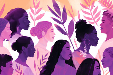 A vibrant watercolor illustration depicting diverse women in profile, surrounded by abstract leaves and colorful elements. The artwork highlights beauty, unity, and multicultural diversity in a modern