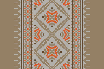 Ethnic pixel geometric seamless pattern with paisley on beige background. Native oriental cross stitch knitting design for fabric, decoration, wallpaper, border decor, element, texture, textile, print