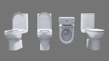 Front, Top and Side view of white toilet bowl with clipping path, 3d render