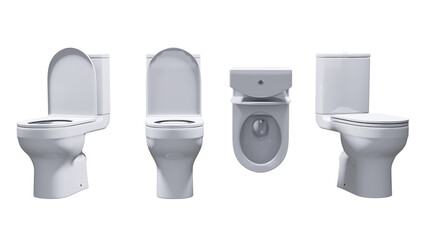 Front, Top and Side view of white toilet bowl on transparent