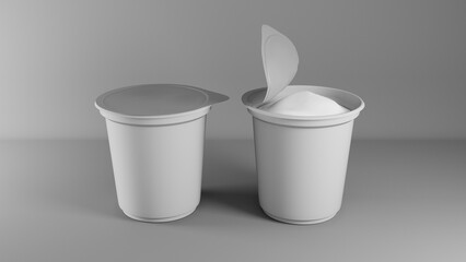 3D rendering of two yogurt cups with open yogurt on gray background