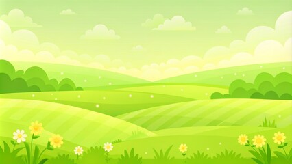Cartoon meadow landscape. Summer green fields view, spring lawn hill and blue sky, green grass fields landscape vector background illustration. Field grass, meadow landscape spring or summer



