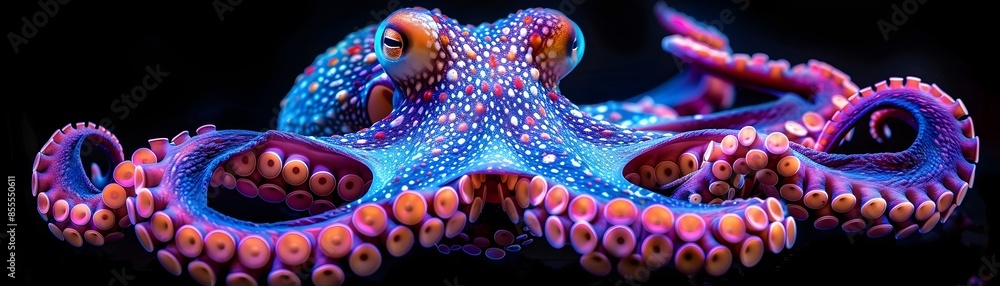 Poster neon octopus with intricate patterns on black background isolated concept