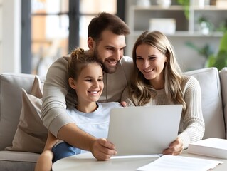 Fototapeta premium Happy Couple Consulting with Financial Advisor on Laptop at Home