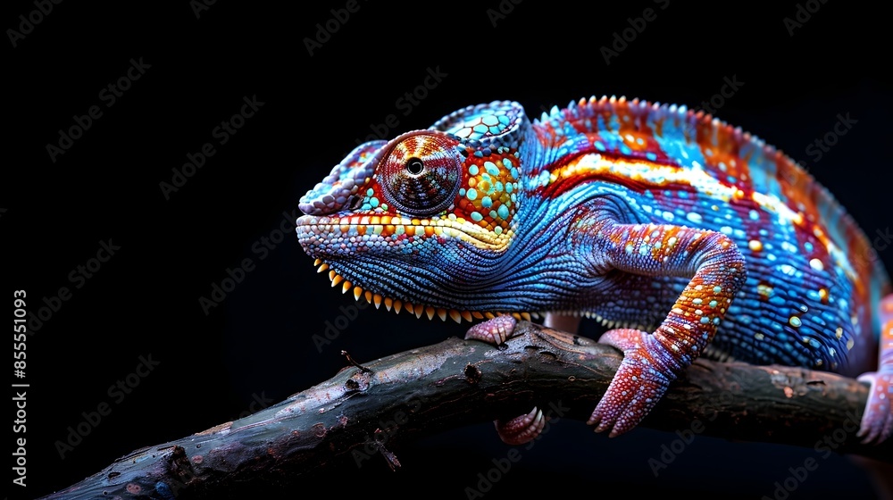 Poster neon chameleon perched on branch color shifting reptile on isolated black background