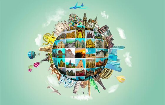 2D animation about world religious and architecture monuments - collage or globe from different religions from Asia and Europe. Travel and tourism with famous world landmarks.